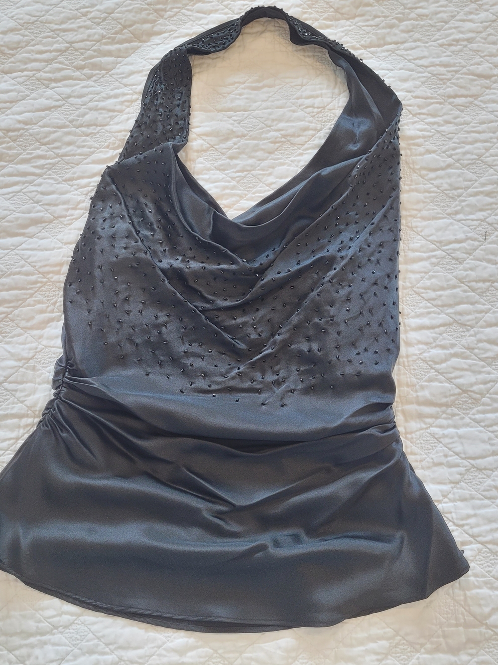 100% Silk Black Beaded Halter Satin Open Back Supermodel Top Laundry By Shelli